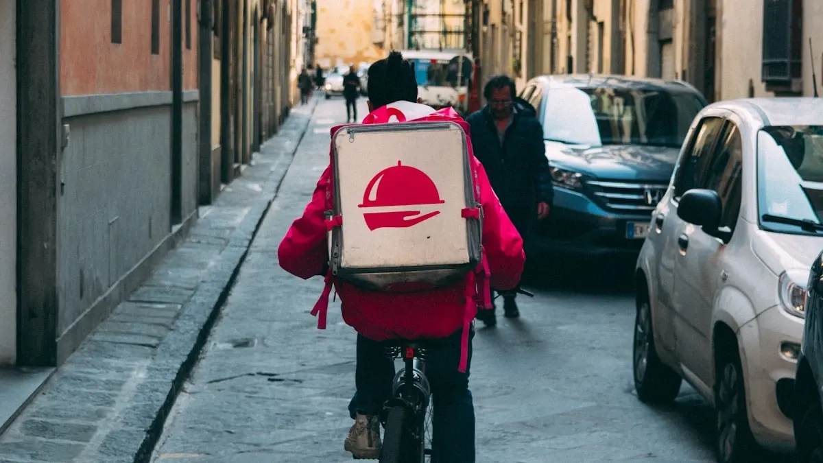 Food delivery packaging with smartphone showing AI chat ordering interface in blue tones