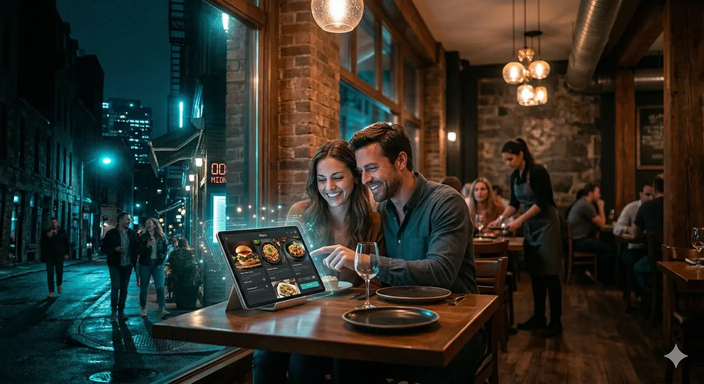 Modern restaurant counter with AI-powered digital ordering display showing real-time efficiency metrics in cyan and blue tones