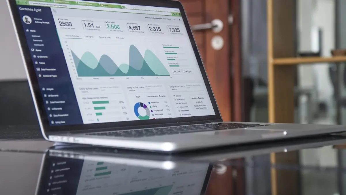 Analytics dashboard with performance metrics and KPI charts glowing in blue tones