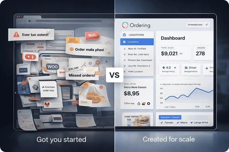 Side-by-side comparison of a cluttered legacy ordering interface versus a clean modern dashboard with sales and order metrics