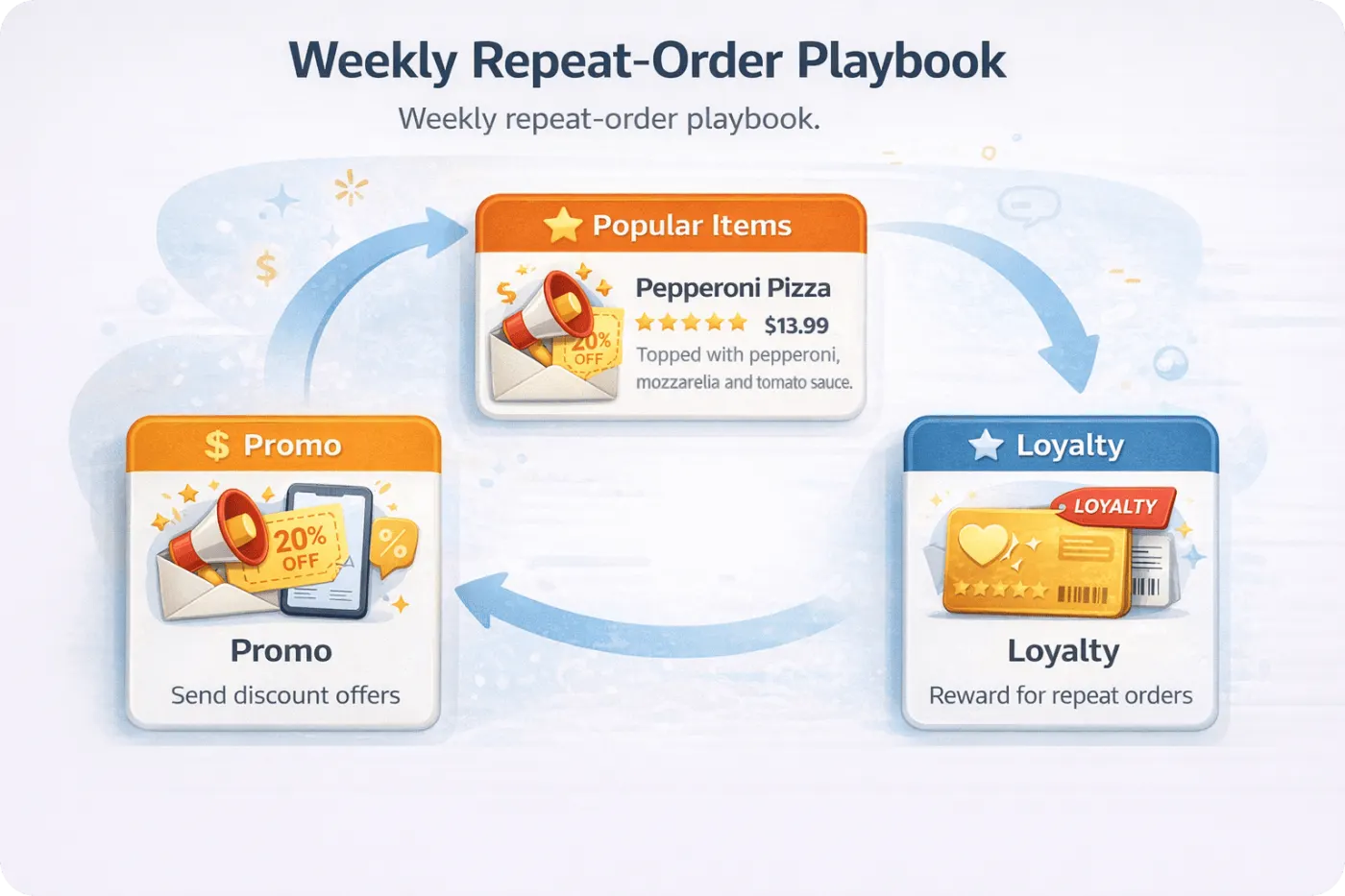 Diagram of a weekly repeat-order cycle: popular items, loyalty rewards, and promo offers