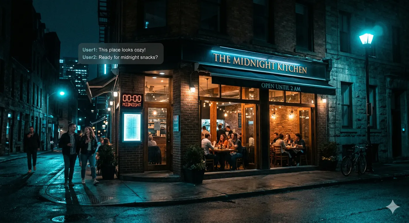 Modern restaurant host stand with AI chatbot interface glowing in cyan tones on a sleek digital display at night