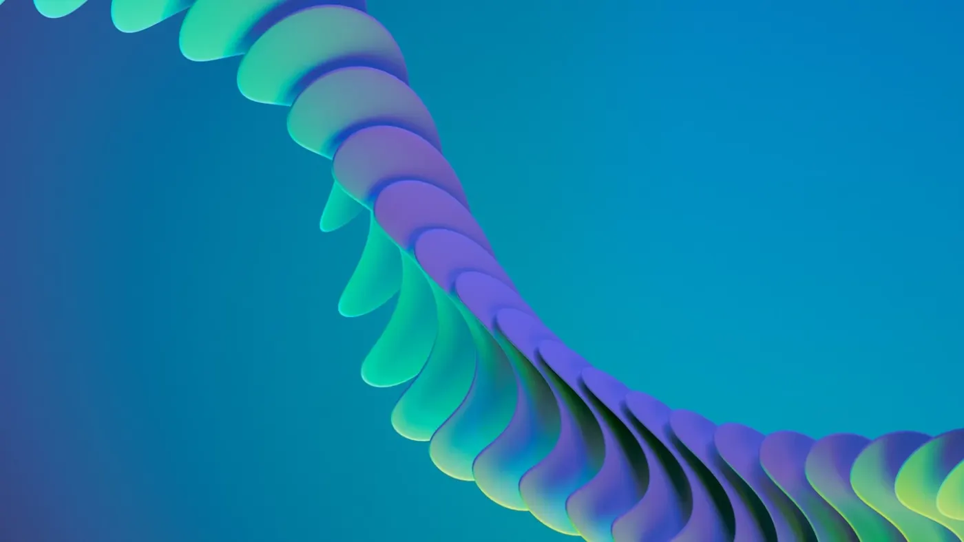 Espiral helicoidal tridimensional abstracta en tonos cyan verde y violeta sobre fondo teal representando flujo optimizado de pedidos en ghost kitchen