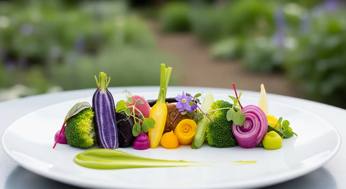Artfully plated dish of colorful vegetables on a white plate outdoors