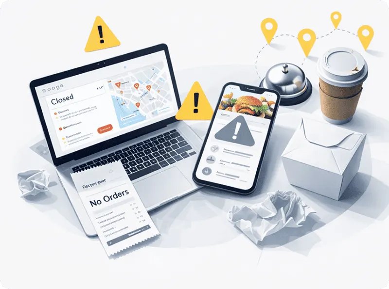 Illustration of a restaurant's Google listing marked as closed and a phone showing no orders, next to a delivery box and coffee cup