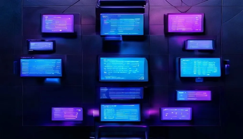 Overhead view of multiple glowing chatbot platform interfaces arranged on dark surface with cyan and violet ambient lighting