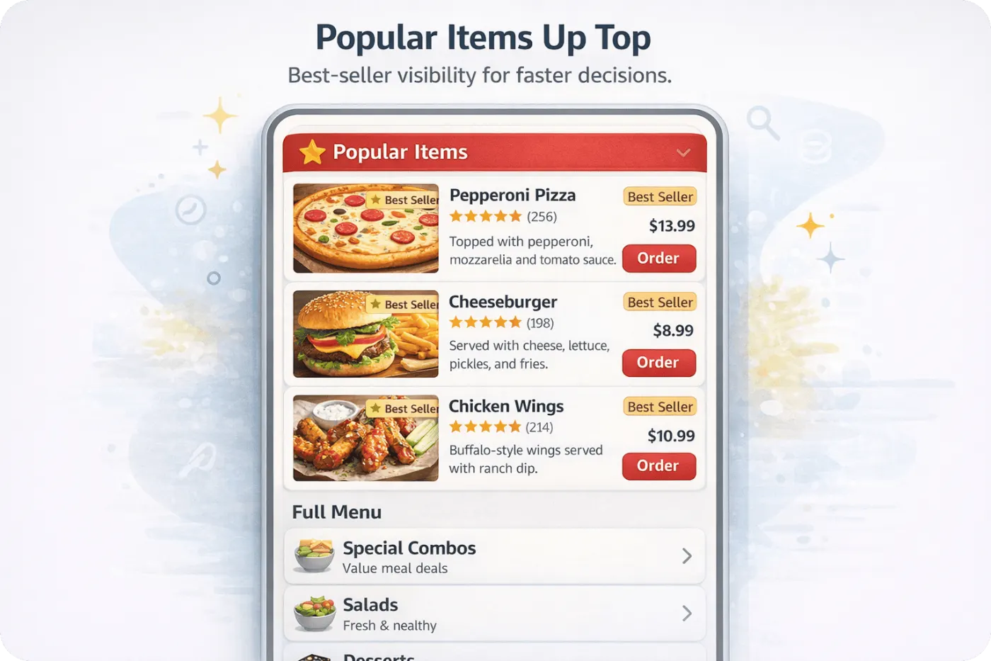 Mobile menu screen highlighting popular items like pizza, cheeseburger, and chicken wings