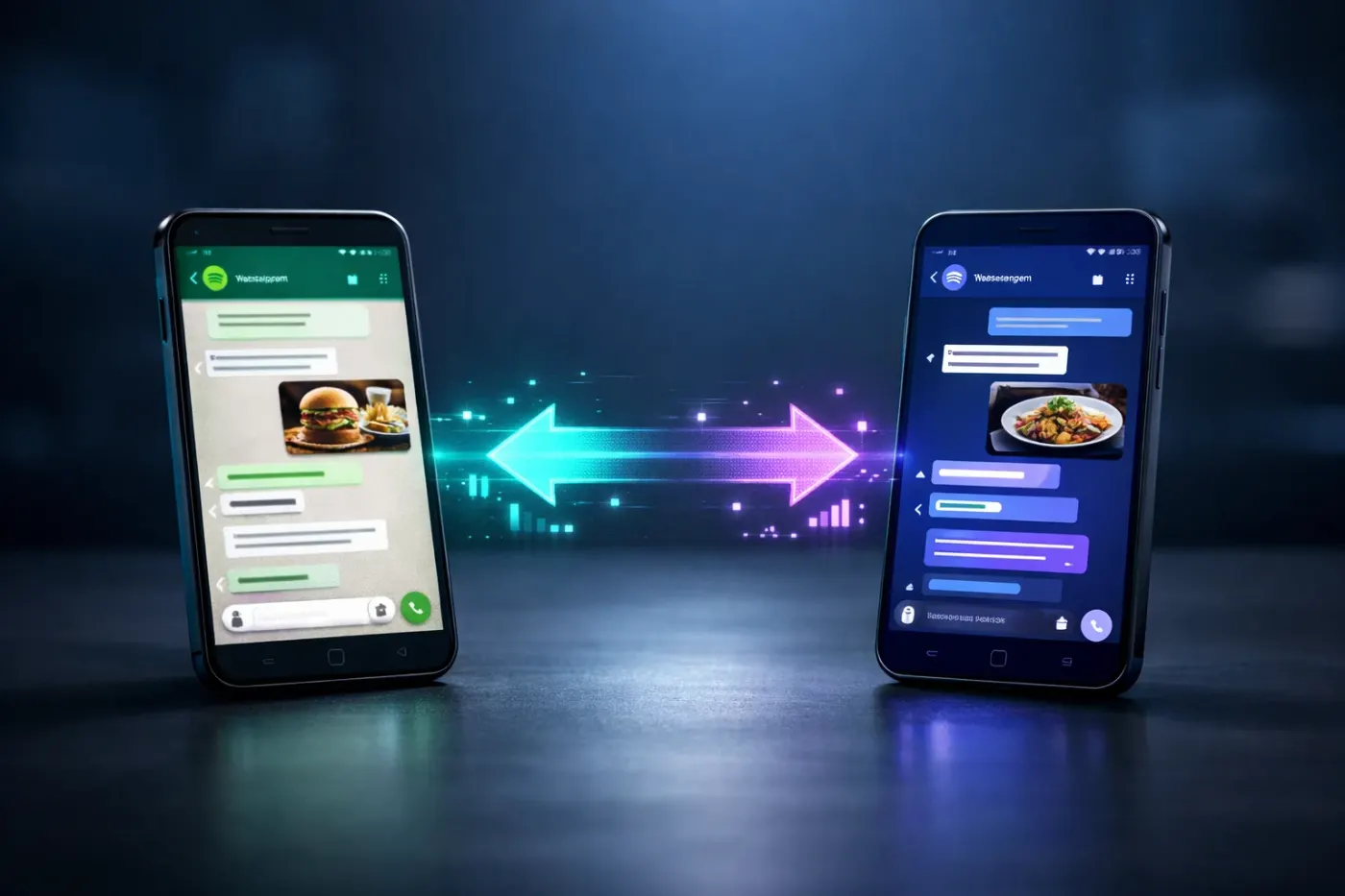 Two modern smartphones on dark surface displaying WhatsApp green and Messenger blue chat interfaces with holographic data comparisons floating between them