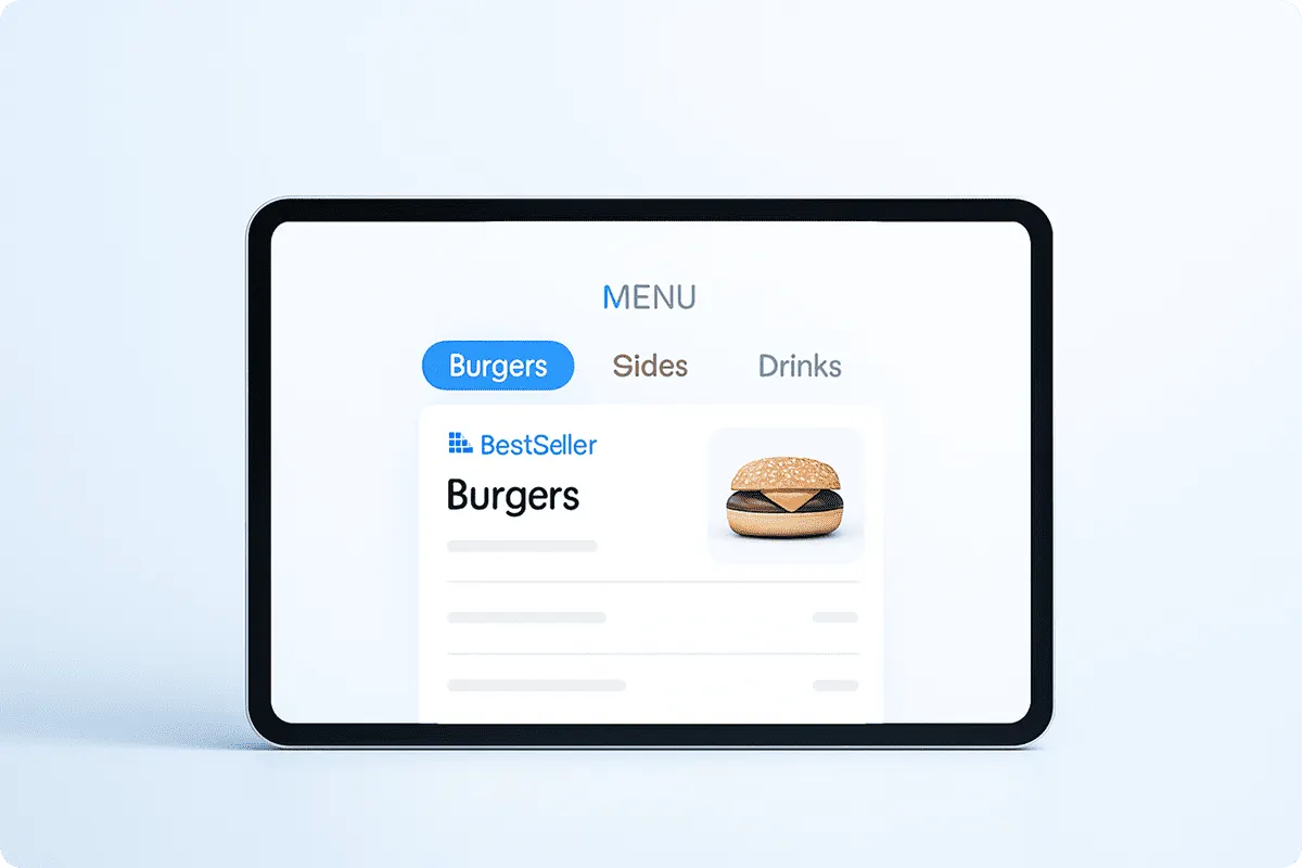 Tablet displaying a restaurant menu app with a Burgers category and a best-seller item