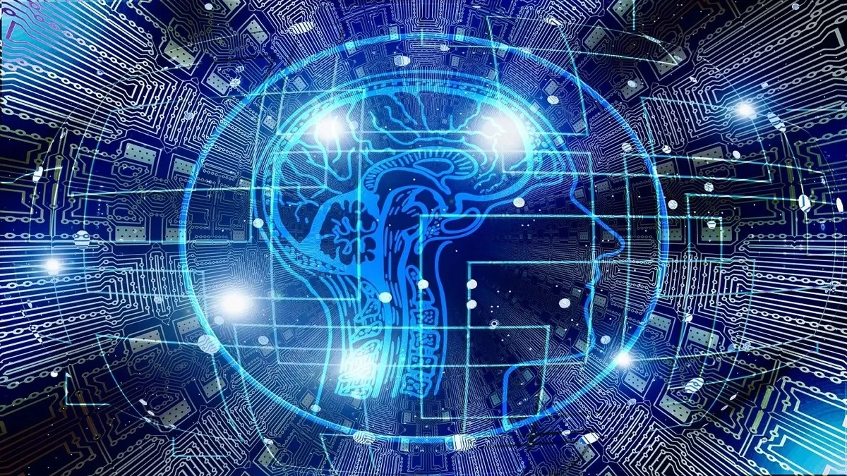 AI brain visualization with blue neural circuits on dark background representing intelligent kitchen operations technology