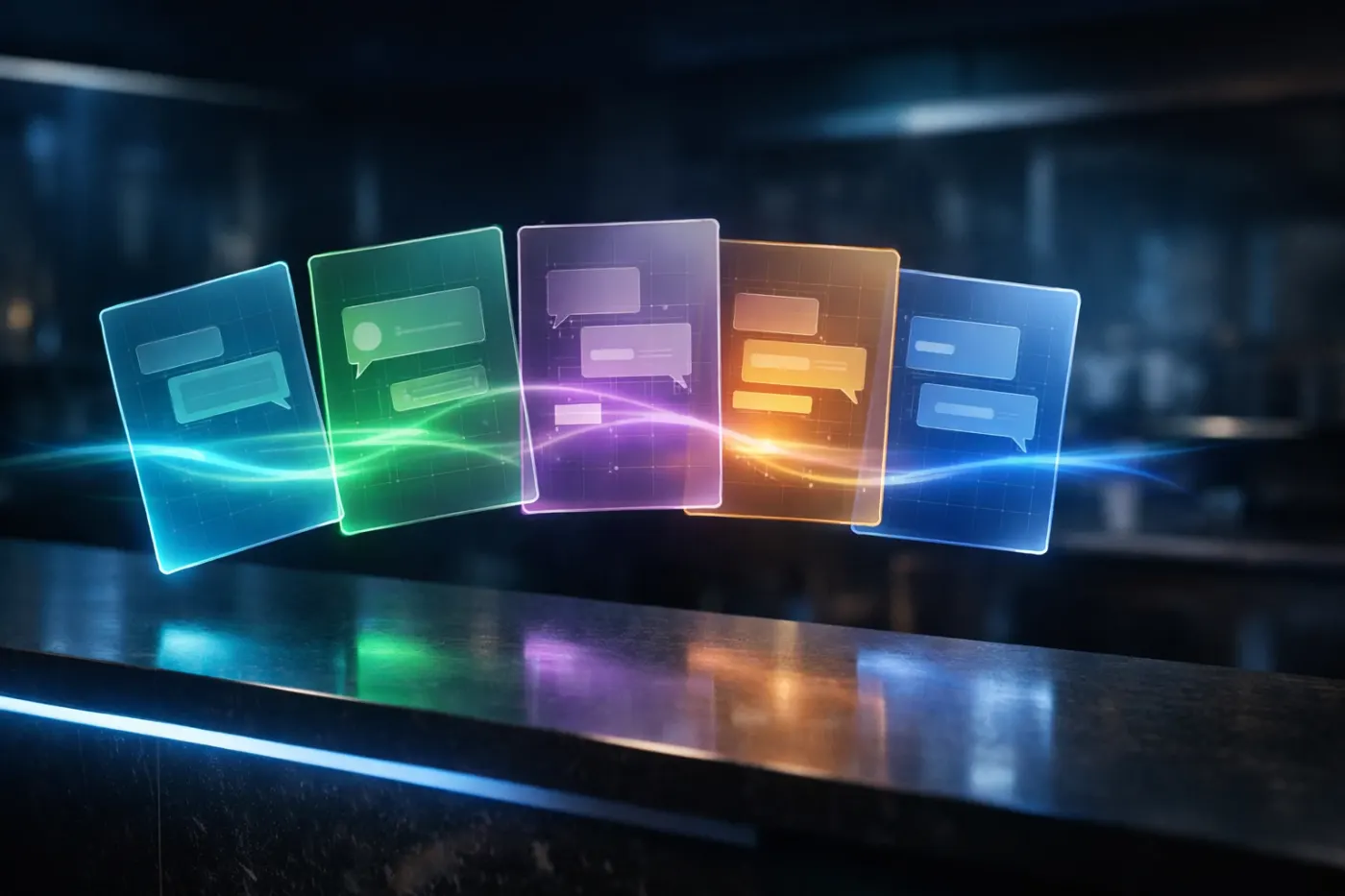 Five translucent chatbot template interfaces floating in staggered arrangement above dark restaurant counter each glowing with different accent colors