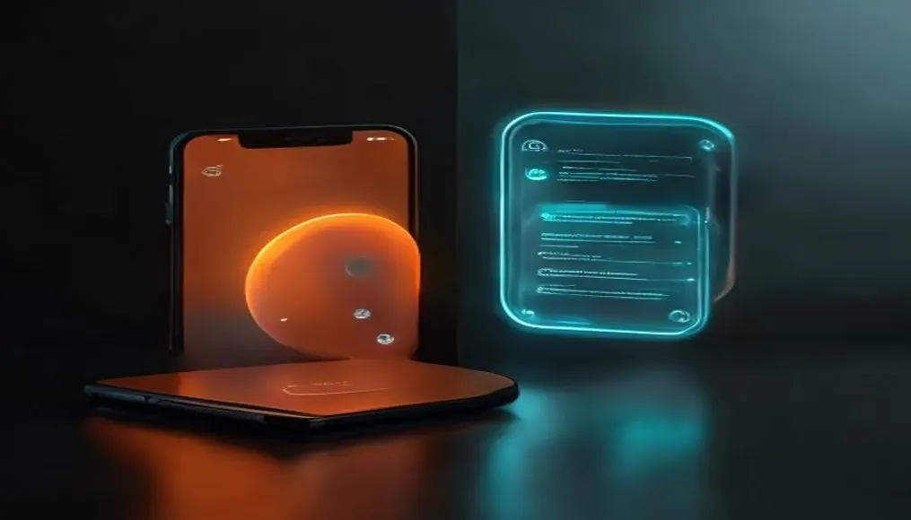 Smartphone con interfaz de app naranja calido junto a panel flotante holografico de chat cyan sobre superficie oscura