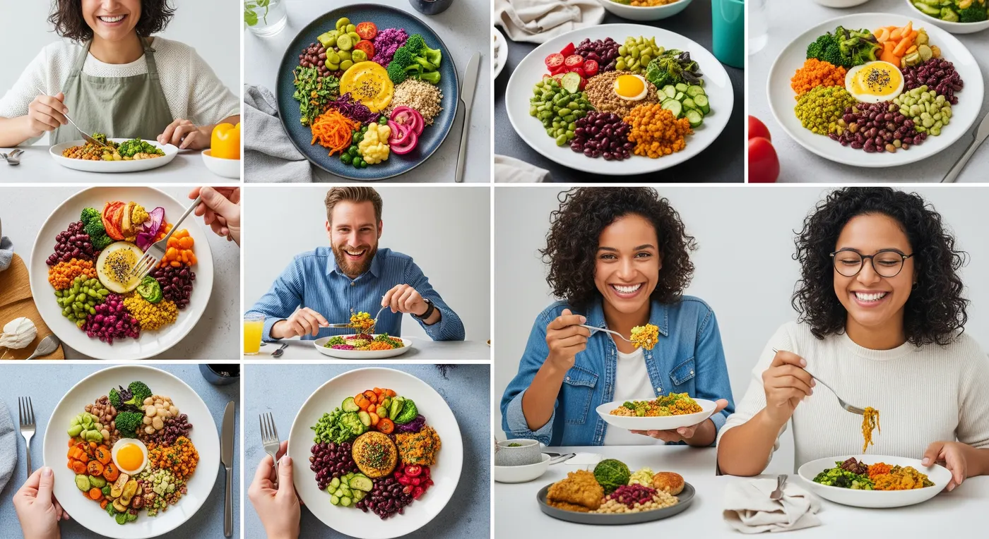Grid of photos showing people eating colorful plant-based grain bowls