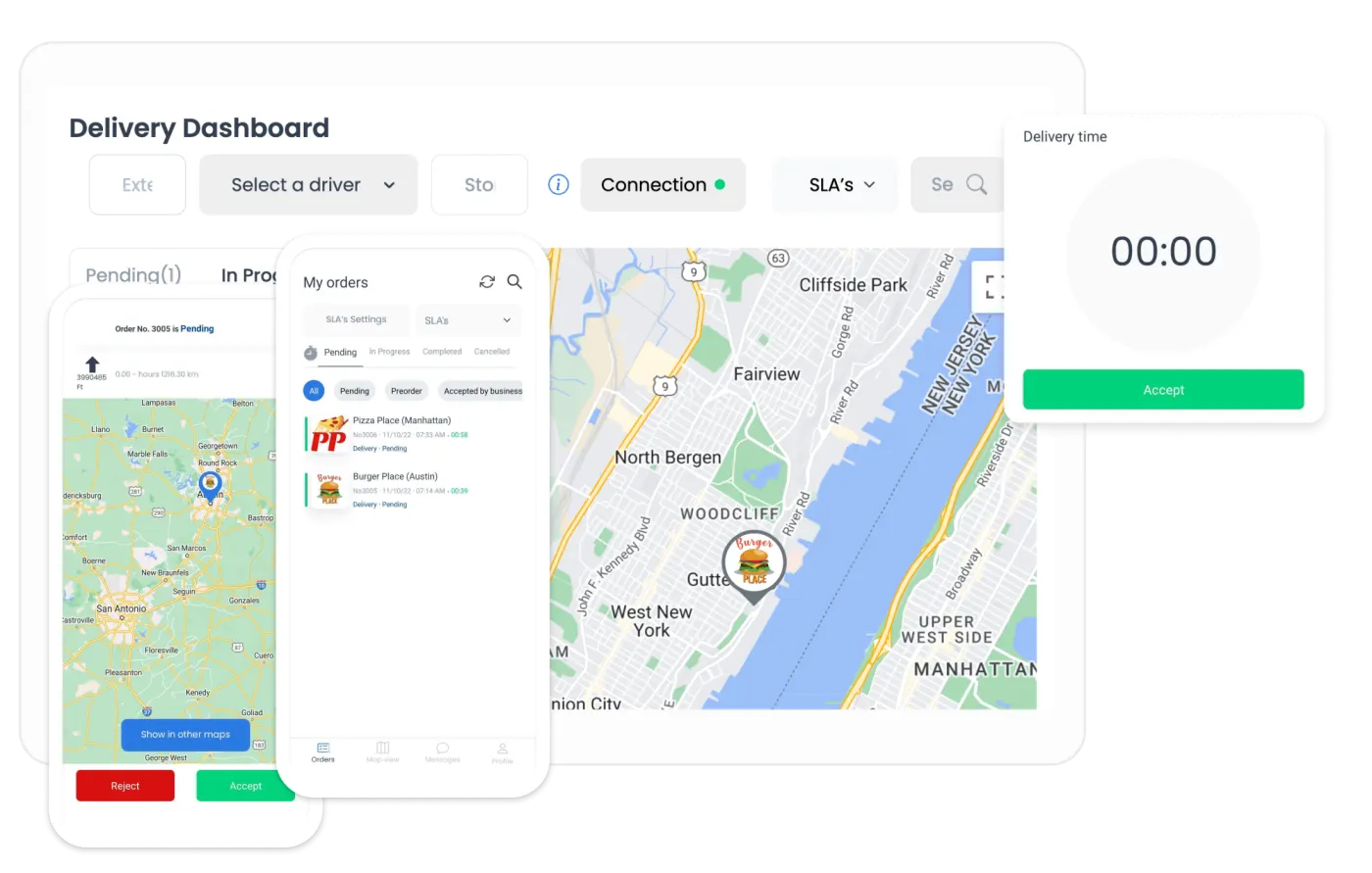 Delivery dashboard with a driver map, pending orders list, and an accept or reject order screen
