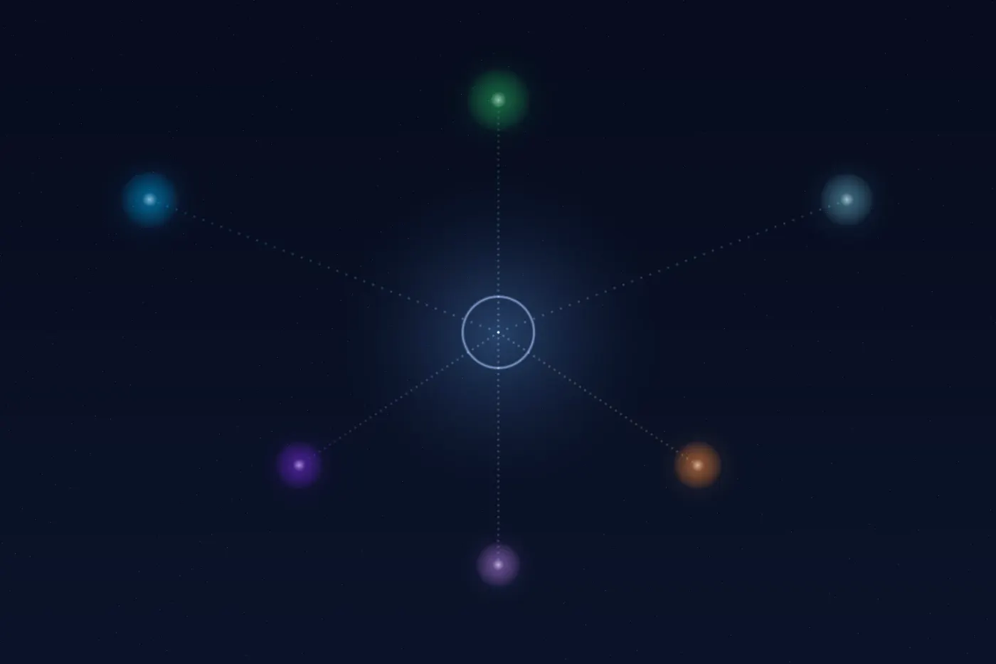 Six diverse glowing circles of different sizes and colors connected to a central accessibility hub representing inclusive chatbot design for all users