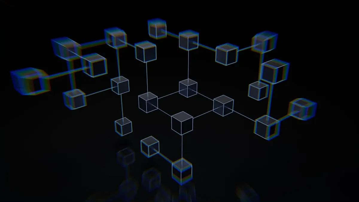 Connected digital nodes in cyan and blue tones on dark background representing AI-powered customer feedback network