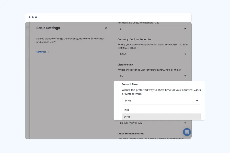 Restaurant settings screen for choosing 12-hour or 24-hour time format