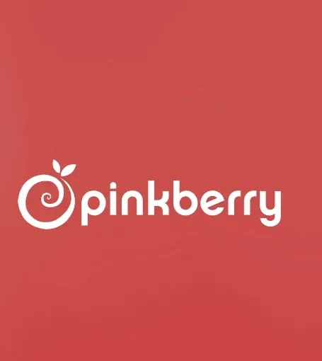 The white Pinkberry logo on a red brand background