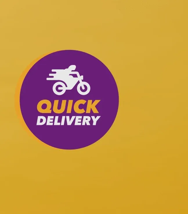 The purple Quick Delivery logo with a motorbike icon on a yellow brand background