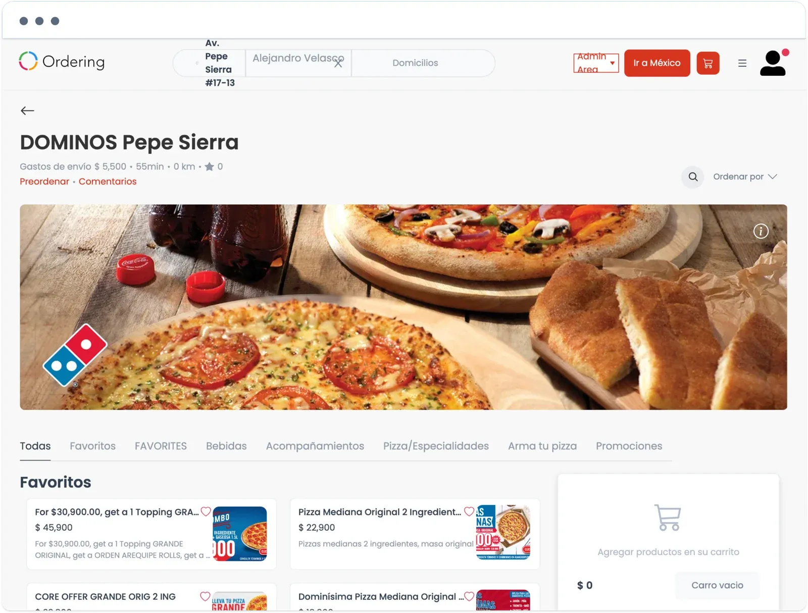 Call center view of the DOMINOS Pepe Sierra store, with menu categories, favorite pizzas, and an empty cart