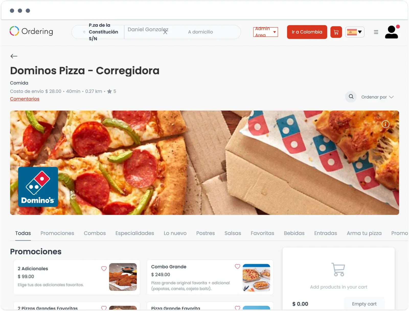Call center view of the Dominos Pizza Corregidora store, with delivery cost, promotions such as Combo Grande, and an empty cart