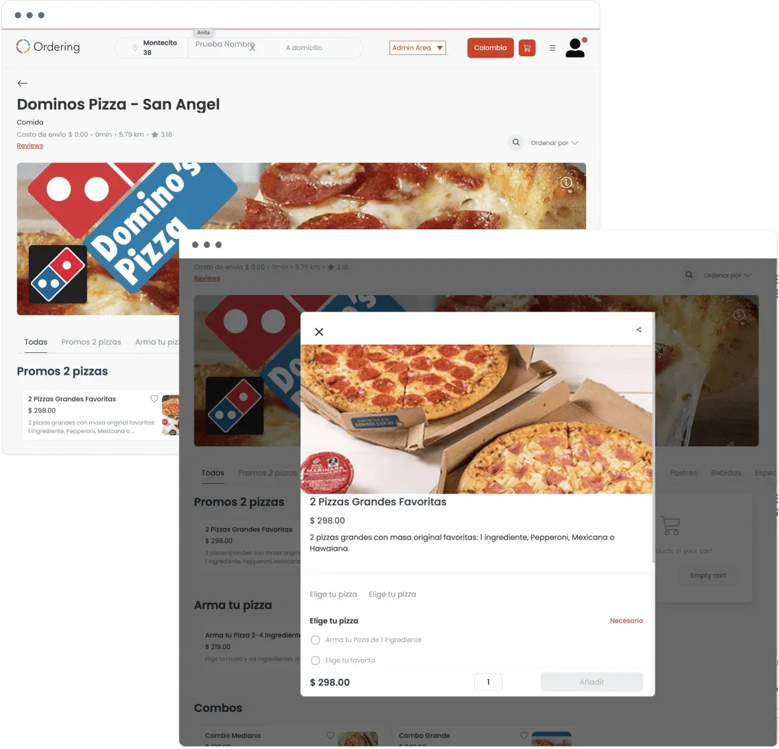 Call center product window for 2 Pizzas Grandes Favoritas, with a required choice to build a pizza or pick a favorite