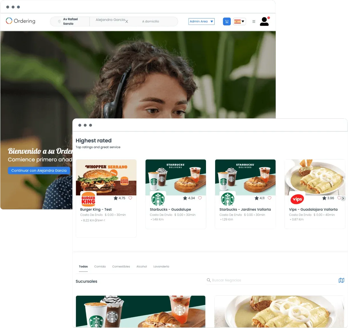Call center screen with an agent view of highest-rated Burger King, Starbucks, and Vips stores