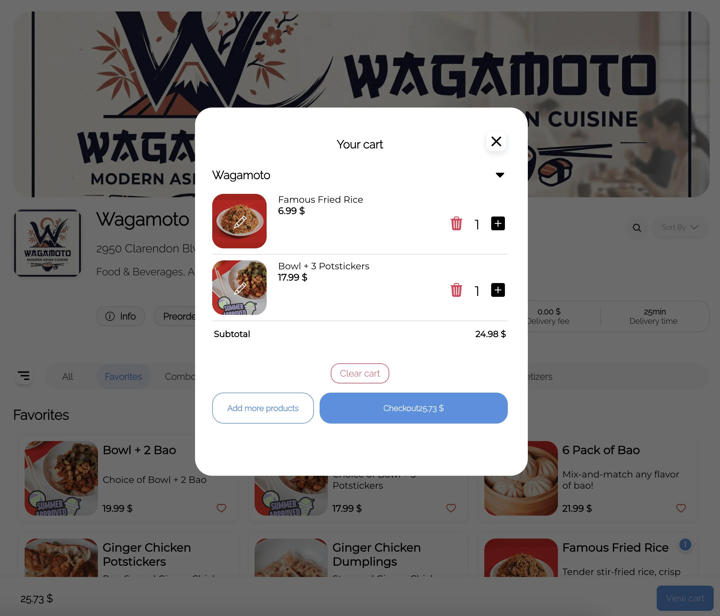 Cart panel with two items, quantities, subtotal, and checkout action