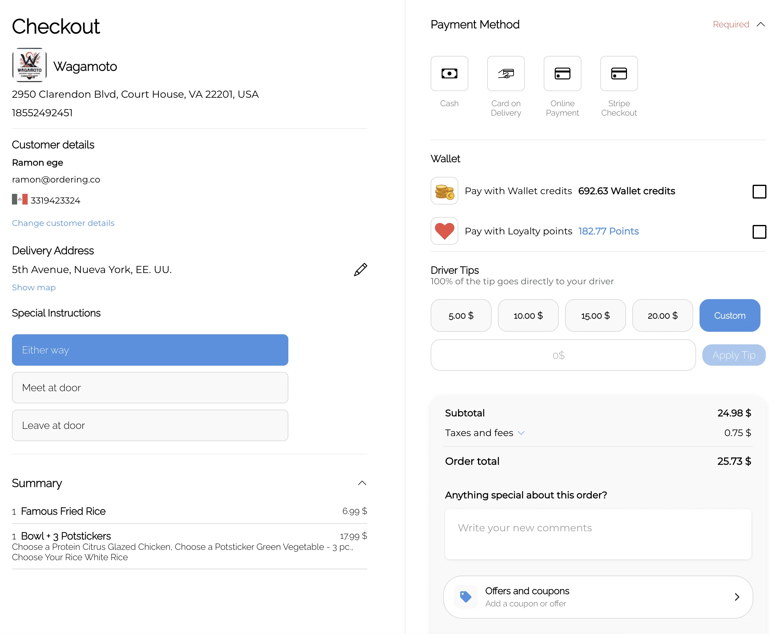 Web checkout with delivery details, payment methods, tip, and order summary