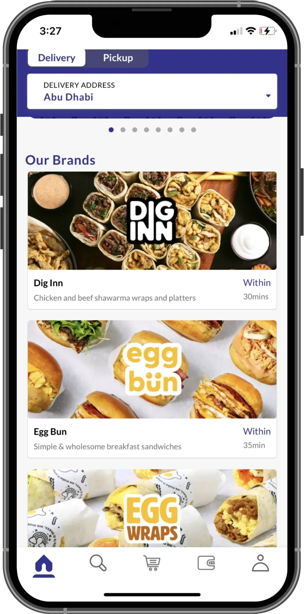 Chew app listing the Dig Inn and Egg Bun brands with delivery times, for a delivery address in Abu Dhabi