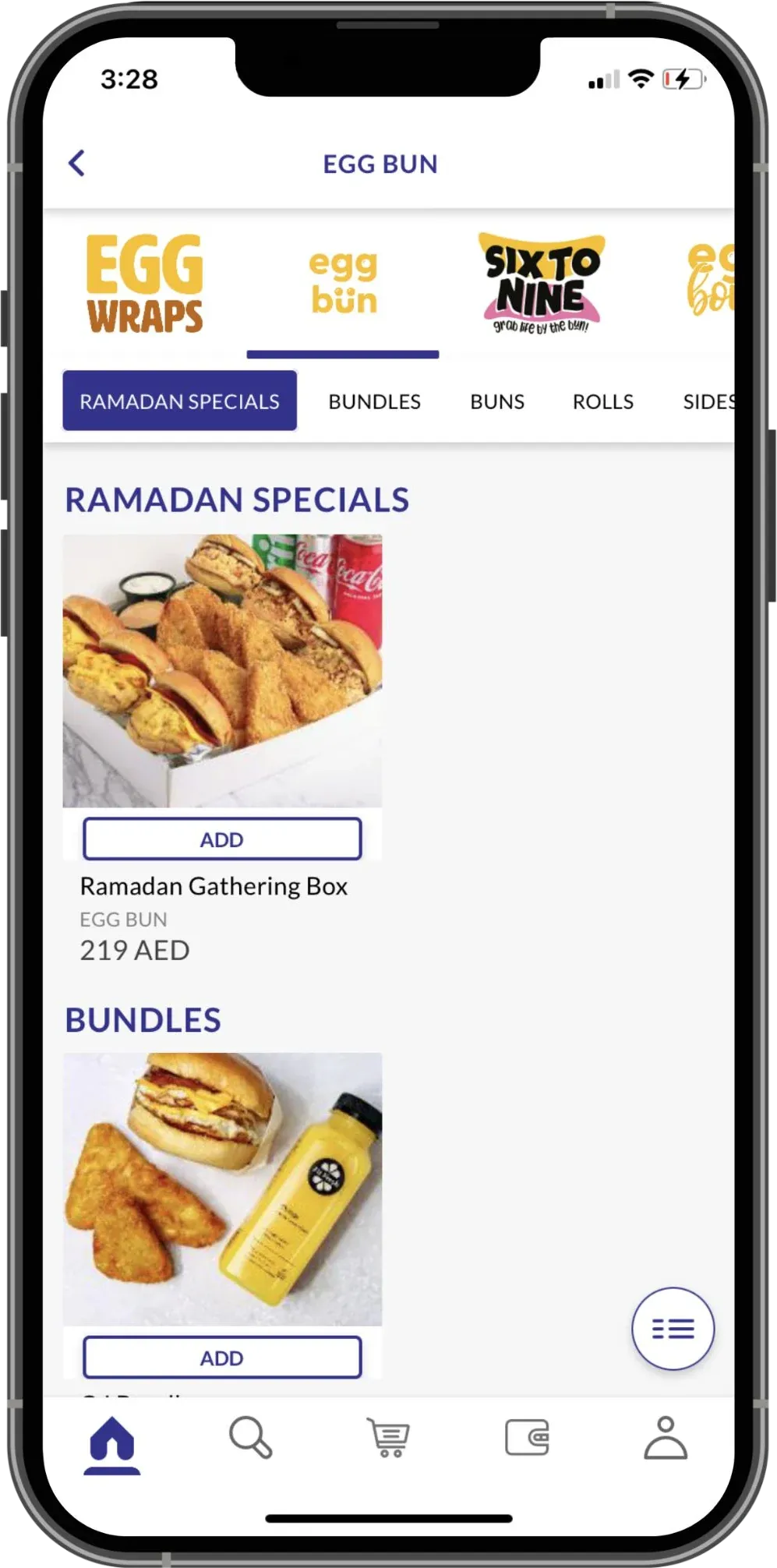 Egg Bun menu in the Chew app, with Ramadan specials and bundles priced in AED