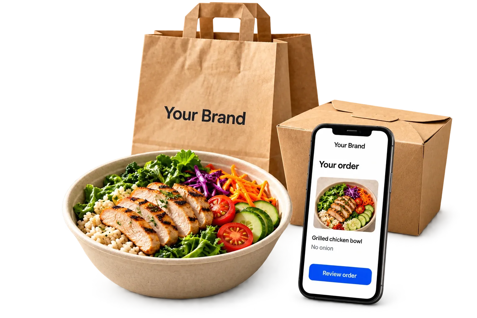 Your Brand takeaway packaging, a prepared bowl, and a phone showing the customer order.