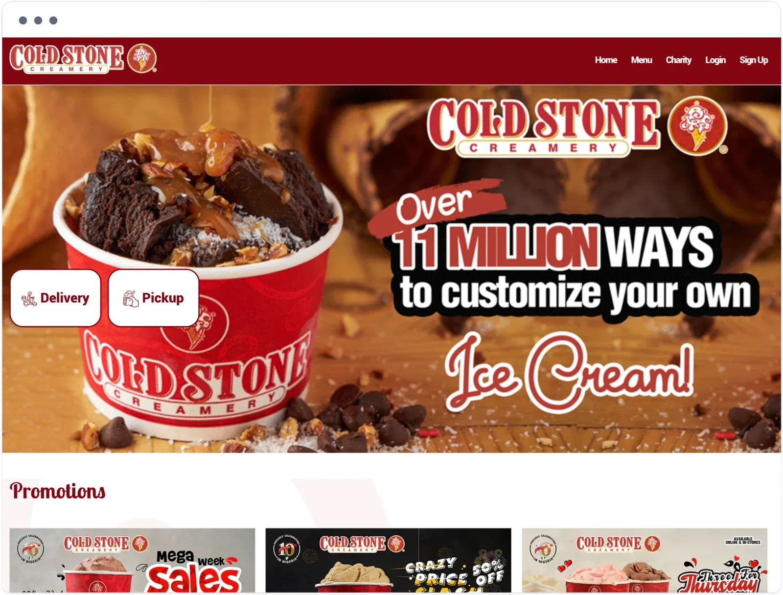 Cold Stone Creamery ordering website with delivery and pickup buttons, an ice cream banner, and a row of promotions