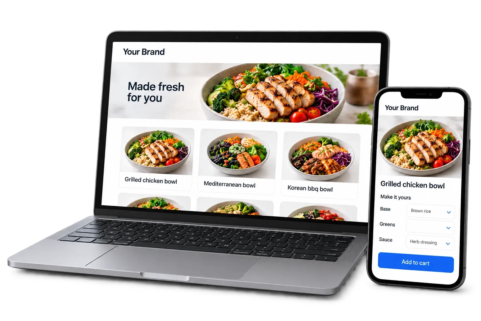 Your Brand ordering website and app showing the same bowl and product options