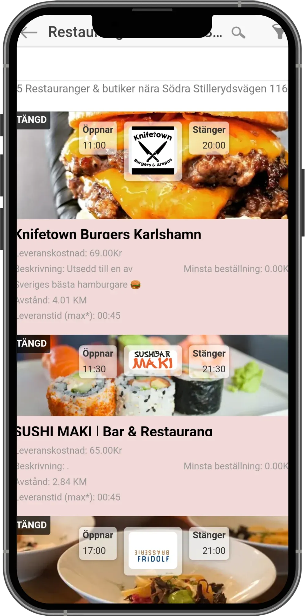Food Planet customer app listing restaurants in Karlshamn with photos and delivery details