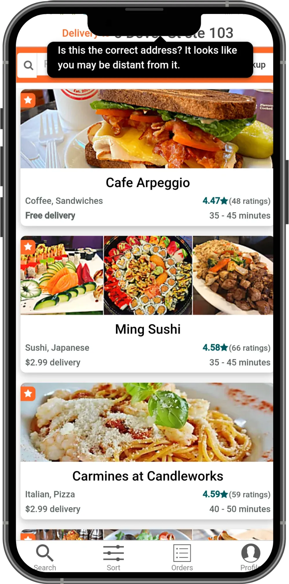 GotChew customer app listing restaurants such as Cafe Arpeggio and Ming Sushi with delivery details