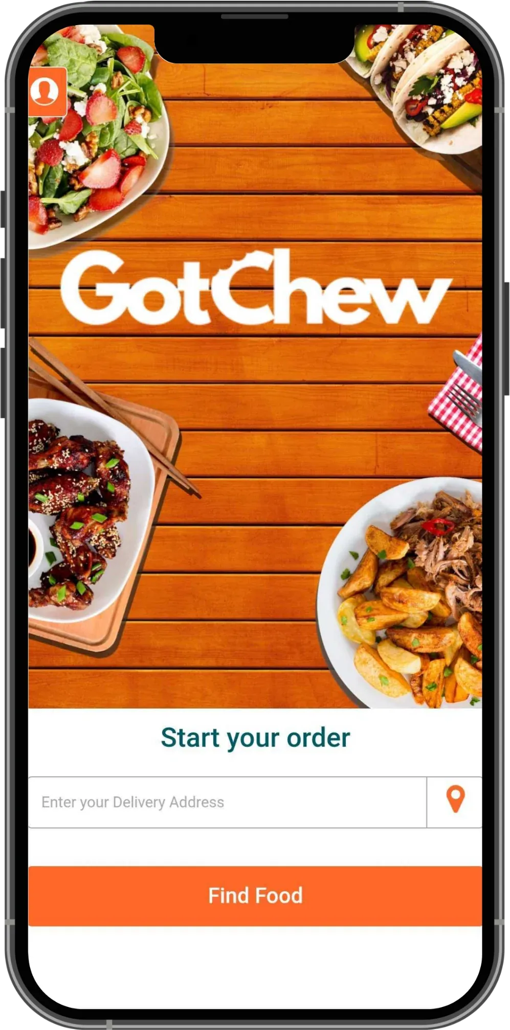 GotChew customer app start screen with food photos and a Start your order address field