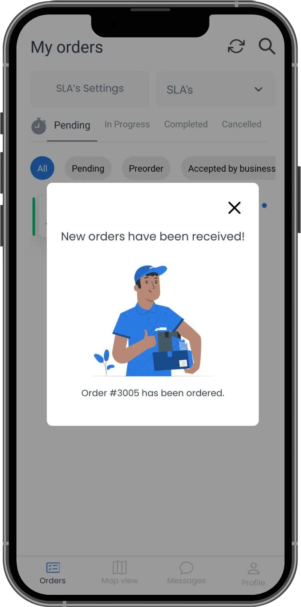 GotChew delivery app orders screen showing a New orders have been received alert for order 3005