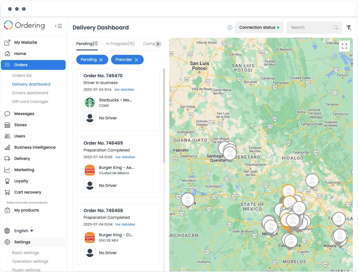 Delivery dashboard with pending Starbucks and Burger King orders and their stores on a map of central Mexico