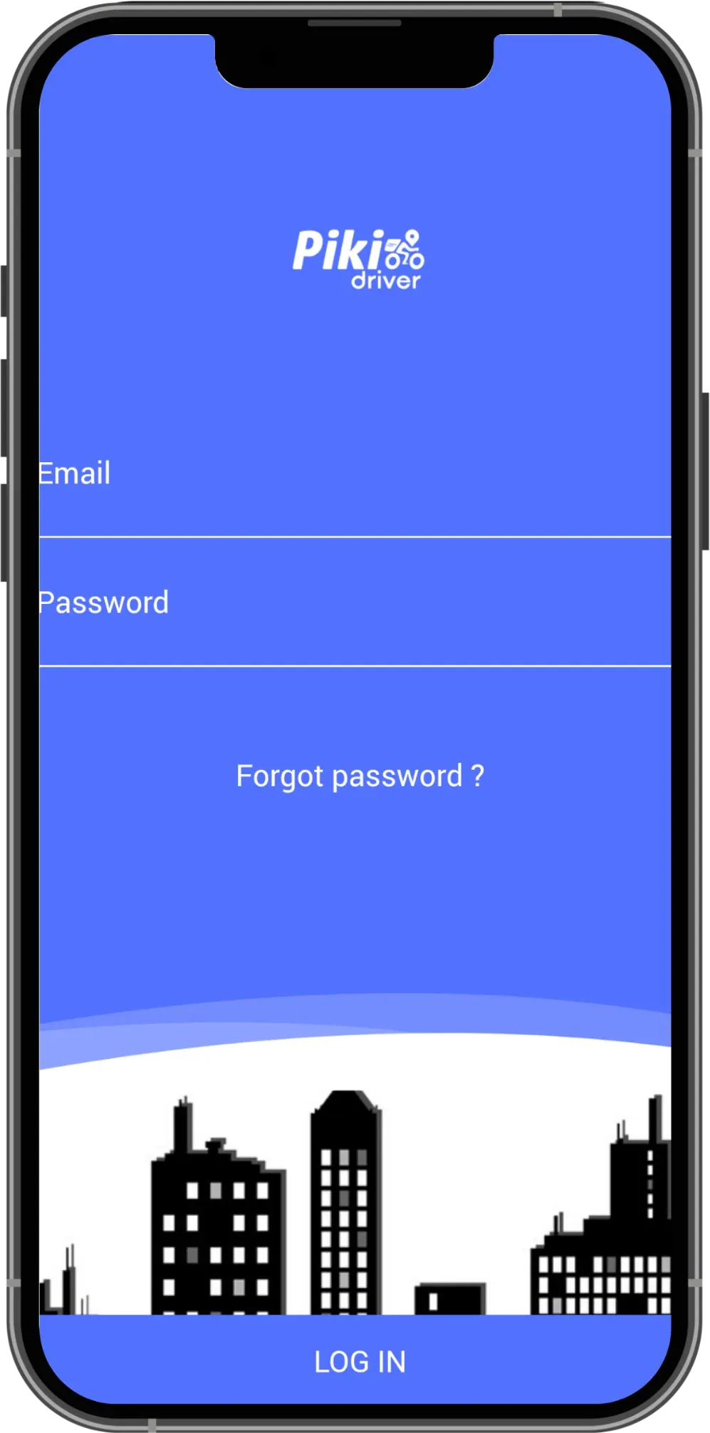 Piki Driver app sign-in screen with email and password fields