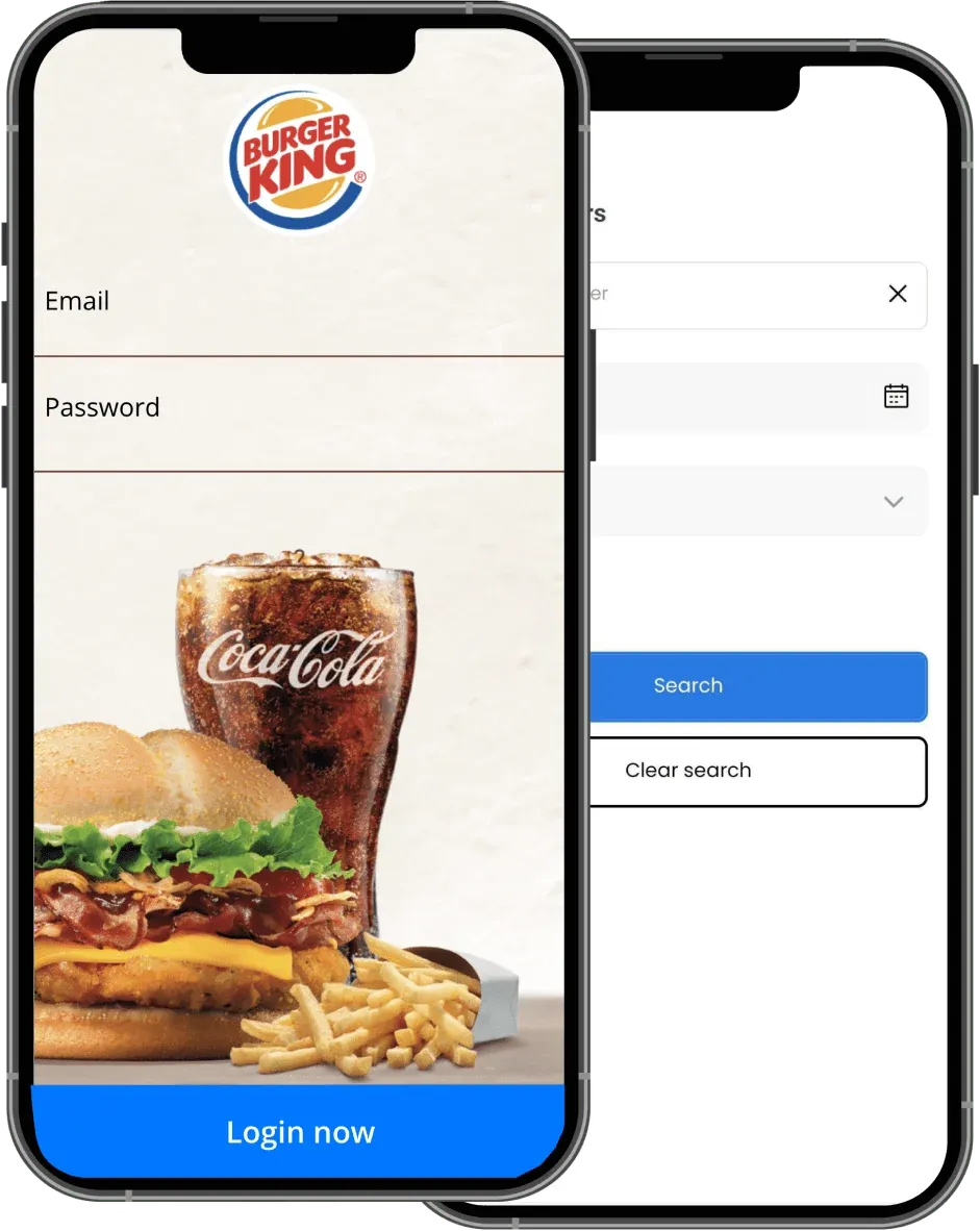 Burger King driver app login screen next to a search screen with date and dropdown filters