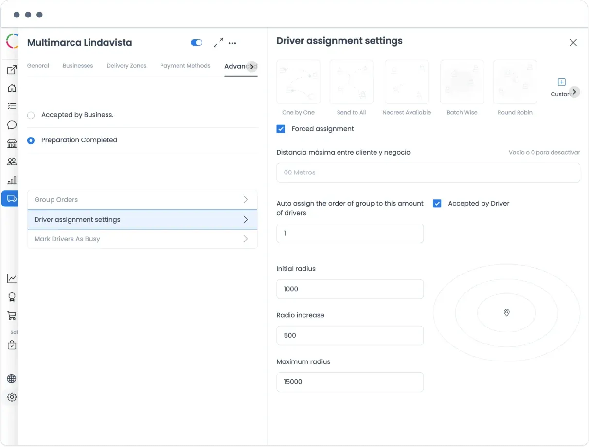 Driver assignment settings for the Multimarca Lindavista store, with forced assignment and search radius limits