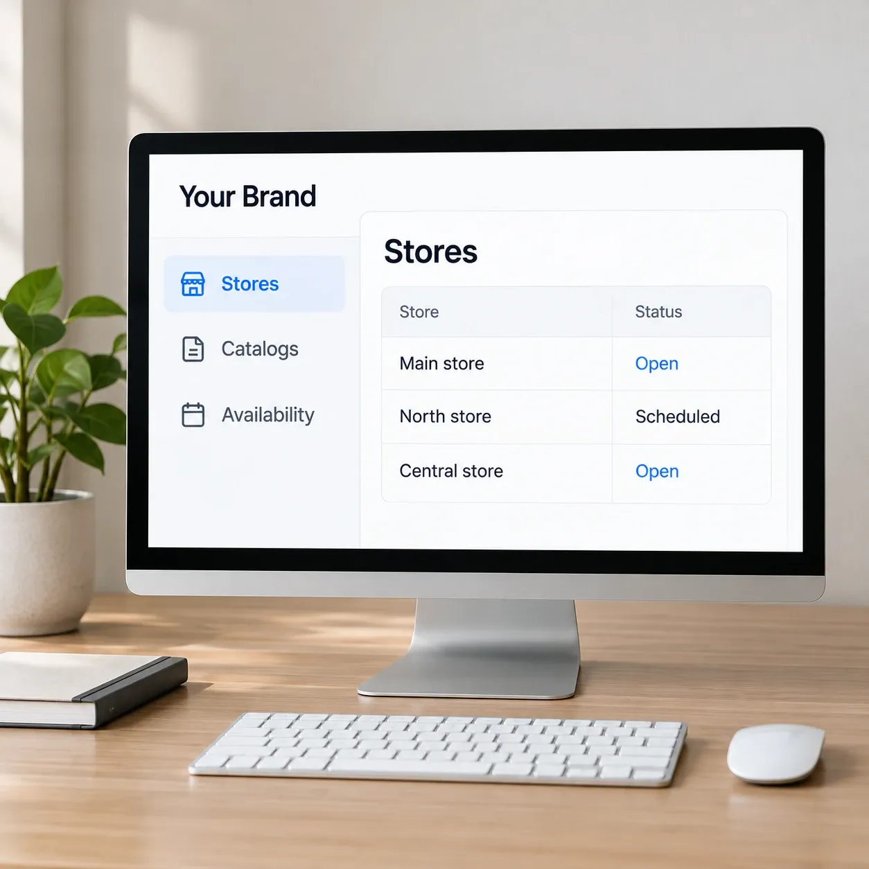 Your Brand store management screen with catalogs and availability.