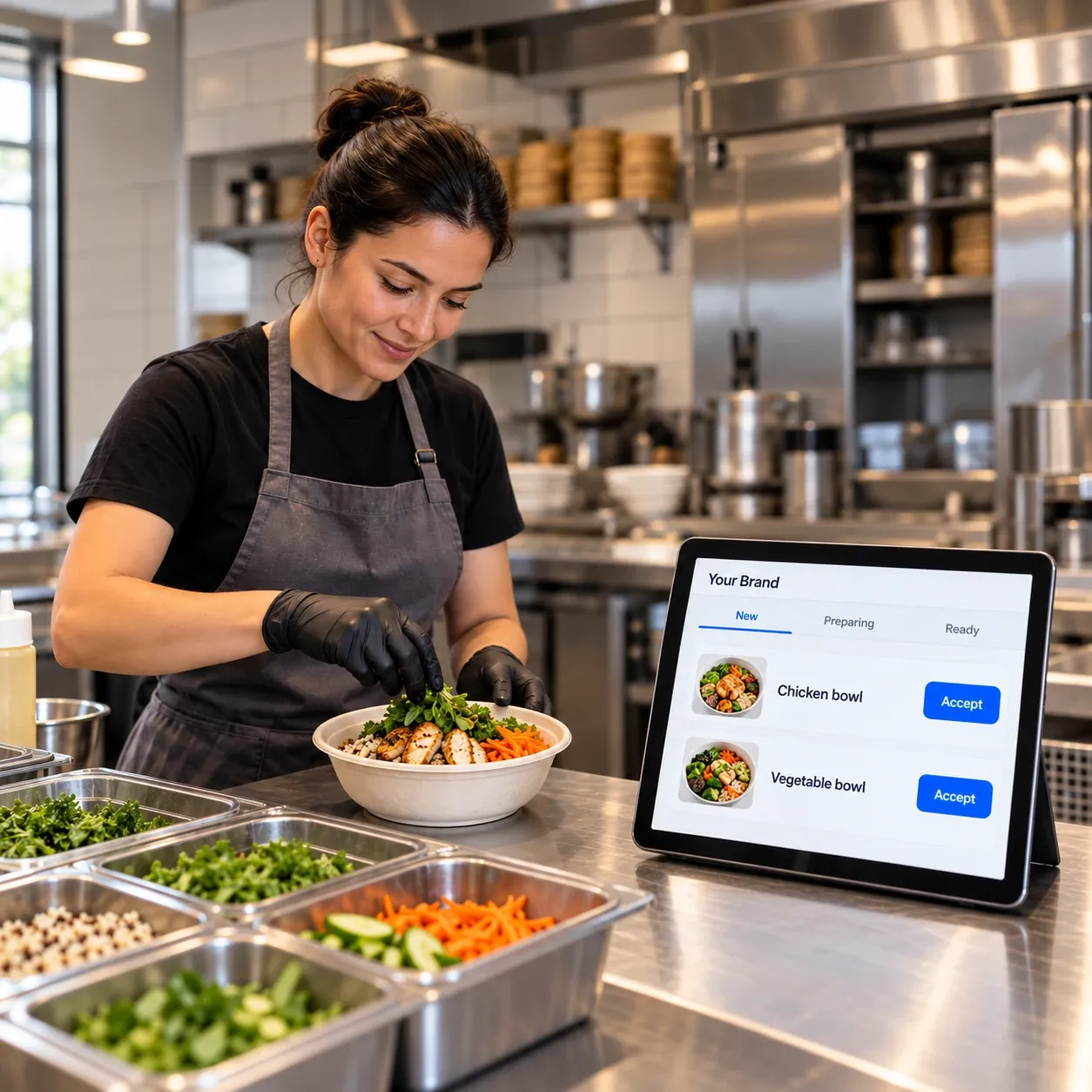 A team member prepares an order beside the Merchant App on a tablet.
