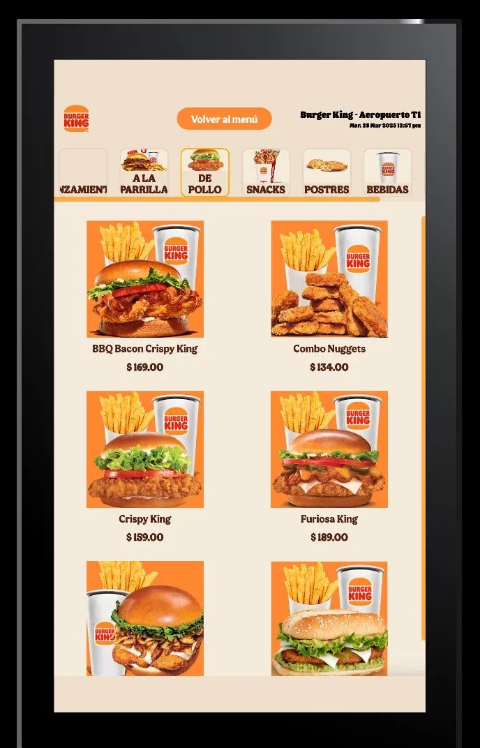Burger King kiosk chicken category with combos such as BBQ Bacon Crispy King, Combo Nuggets, and Crispy King, with prices
