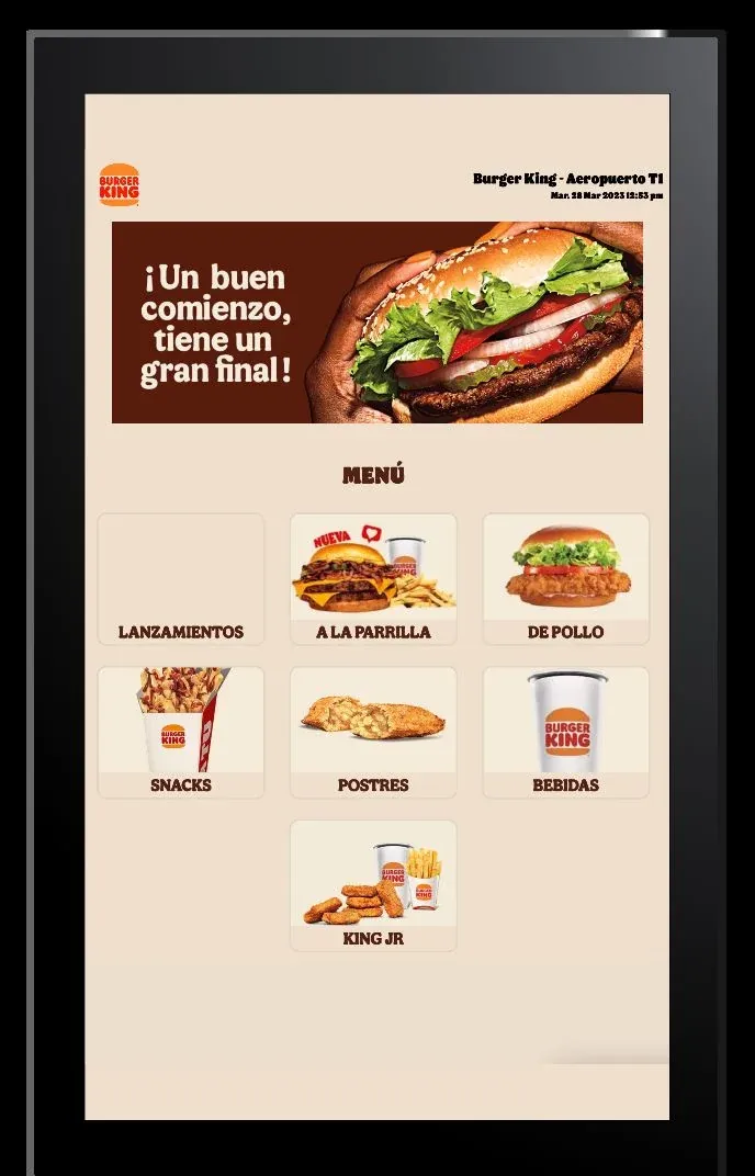 Burger King kiosk menu with categories such as grilled, chicken, snacks, desserts, drinks, and King Jr