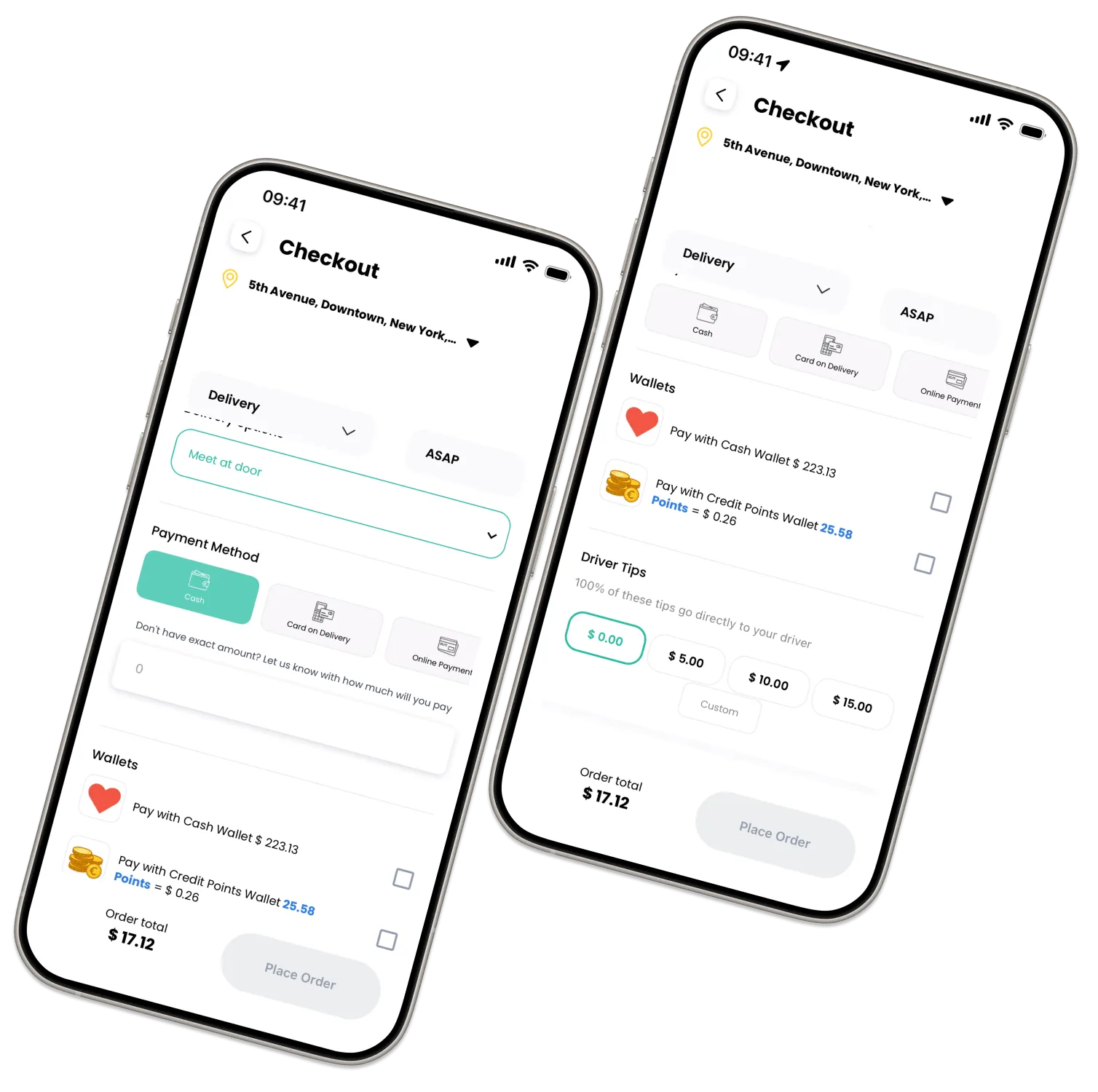 Marketplace App checkout examples showing delivery choices, payment methods, wallet, loyalty points, tip, and order total.