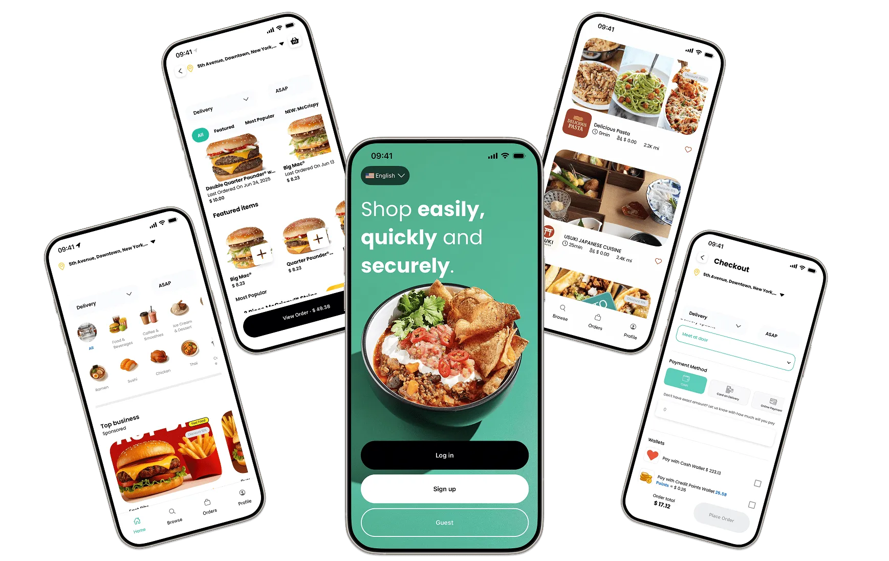 Five phone screens of a marketplace app, from sign-in to checkout