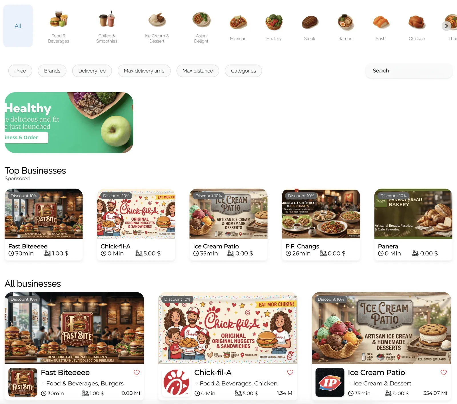 Marketplace home with food categories, search filters, offers, and business listings