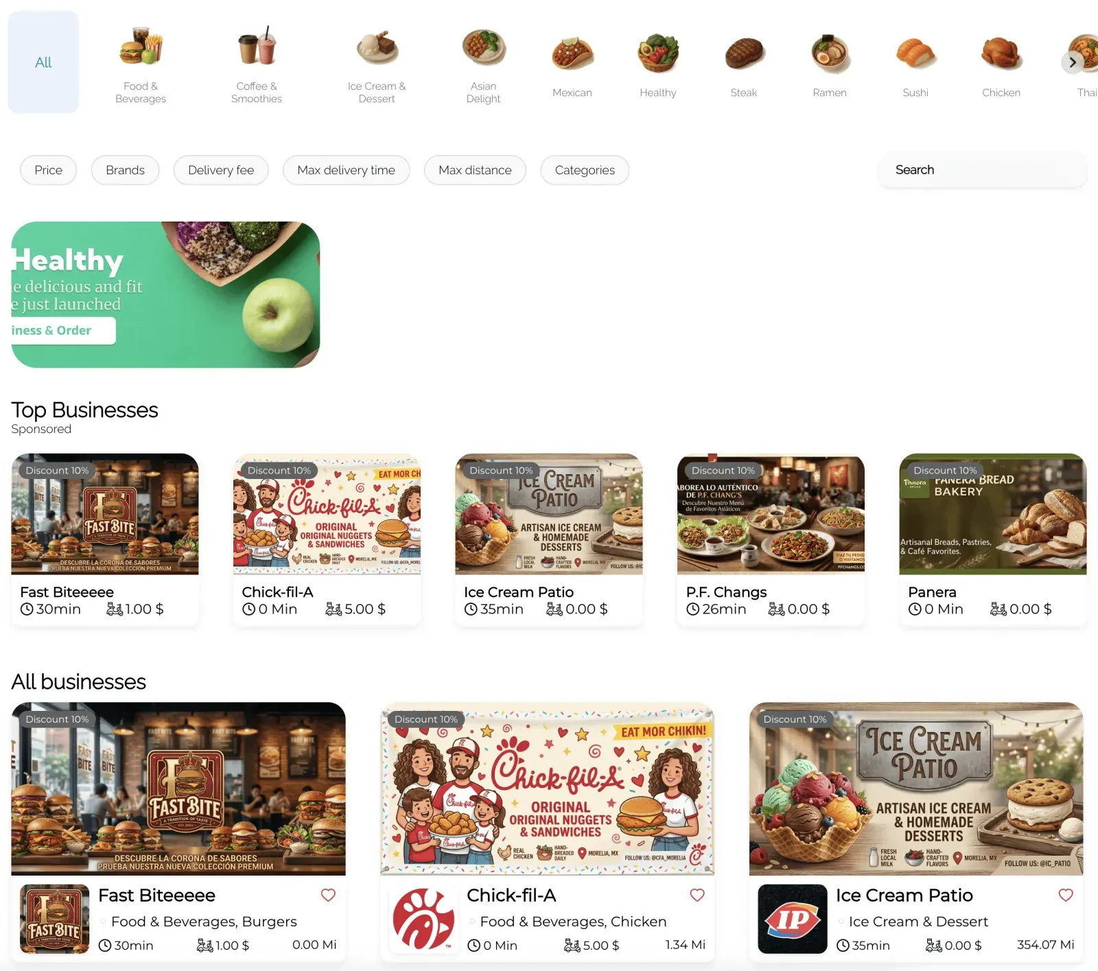 Marketplace website home with business categories and a list of stores